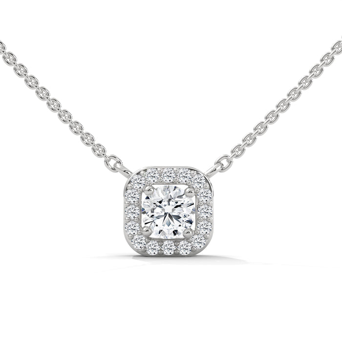 10K White Gold Round Cut Lab Grown Diamond Halo Rectangular Pendant Necklace