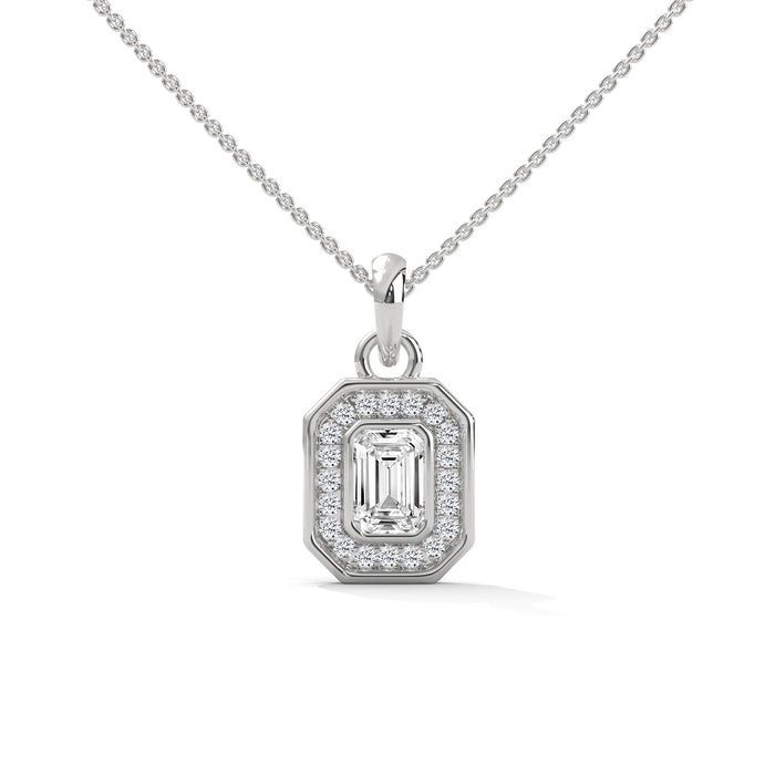 10K White Gold Emerald Cut Lab Grown Diamond Halo Rectangular Pendant Necklace