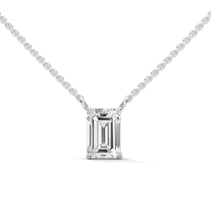 10K White Gold Emerald Cut Lab Grown Diamond Bar Set Solitaire Pendant Necklace