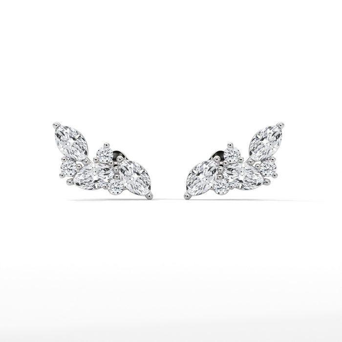 14K White Gold 0.48 CTW Marquise Round Lab Grown Diamond Cluster Curved Stud Earrings