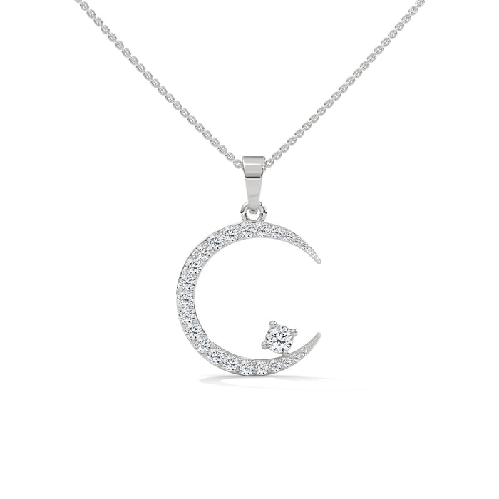 10K White Gold Pave Round Lab Grown Diamond Crescent Moon & Star Pendant Necklace