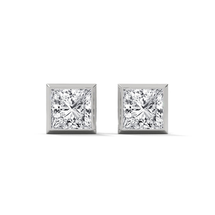 14K White Gold 1.0 CT Princess Cut Lab Grown Diamond Bezel Stud Earrings