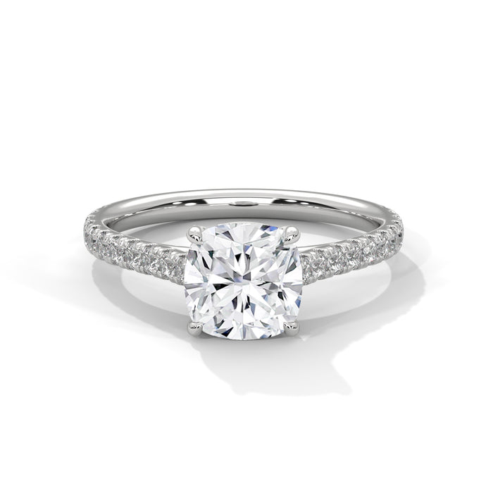 14K White Gold 2.0 CT Cushion Lab Grown Diamond Solitaire Pave Engagement Ring