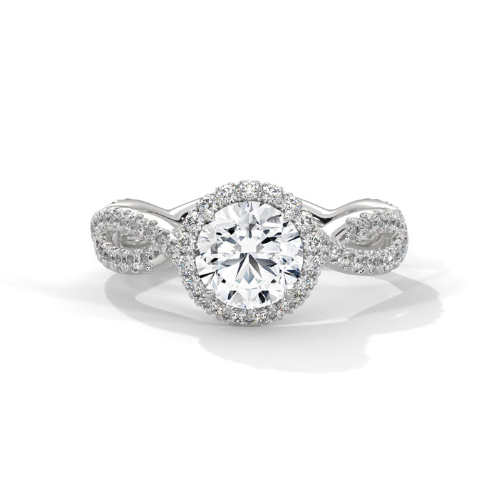 14K White Gold 1.0 CT Round Lab Grown Diamond Halo Twisted Pave Engagement Ring
