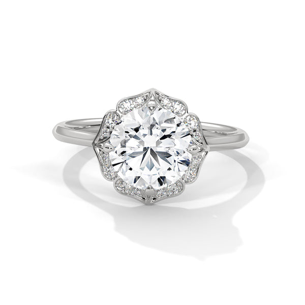 10K White Gold 2 CT Round Lab Grown Diamond Floral Halo Ring