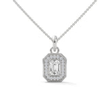 10K White Gold Emerald Cut Lab Grown Diamond Halo Rectangular Pendant Necklace | 0.95 Carat Total Weight