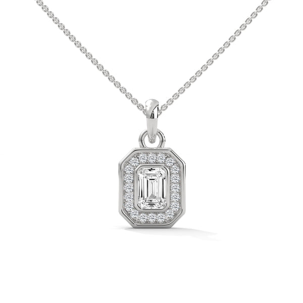 10K White Gold Emerald Cut Lab Grown Diamond Halo Rectangular Pendant Necklace | 0.95 Carat Total Weight