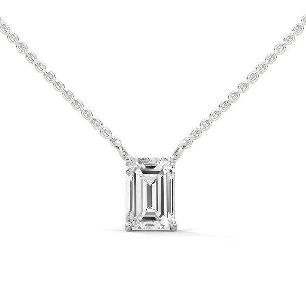 10K White Gold Emerald Cut Lab Grown Diamond Bar Set Solitaire Pendant Necklace | 0.75 Carat Total Weight