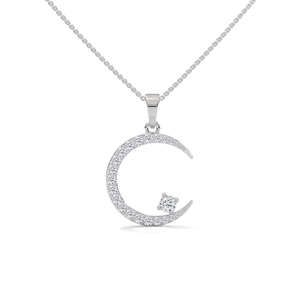 10K White Gold Pave Round Lab Grown Diamond Crescent Moon & Star Pendant Necklace | 0.51 Carat Total Weight