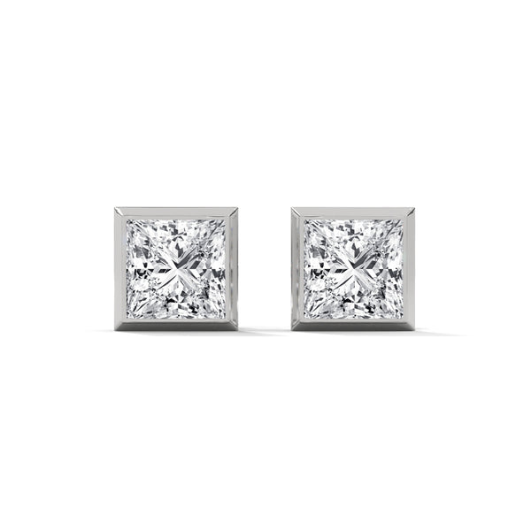 14K White Gold 1.0 CT Princess Cut Lab Grown Diamond Bezel Stud Earrings