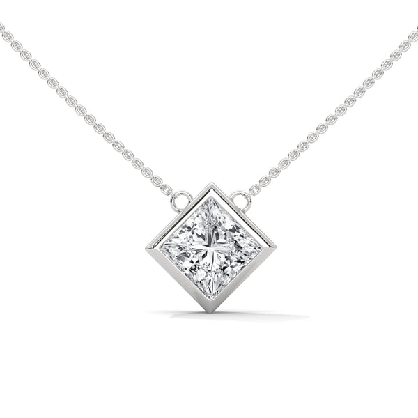 10K White Gold Princess Cut Lab Grown Diamond Horizontal Bezel Set Solitaire Pendant Necklace | 2.00 Carat Total Weight