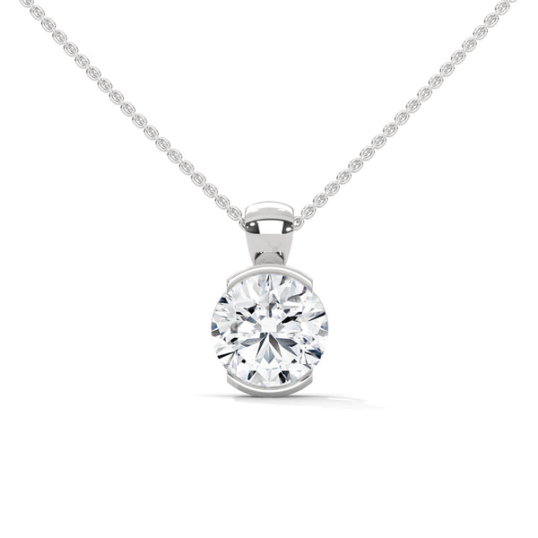 10K White Gold Round Lab Grown Diamond Partial Bezel Solitaire Pendant Necklace | 2.43 Carat Total Weight