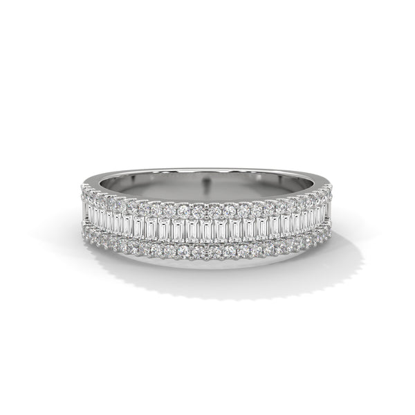 10K White Gold Three-Row Baguette & Round Lab Grown Diamond Half Eternity Wedding Band