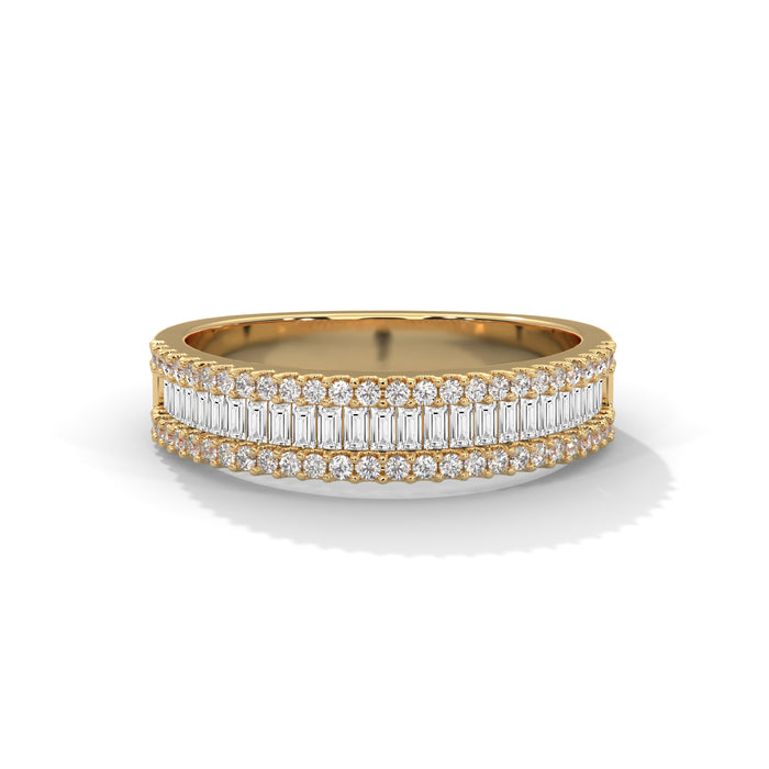 10K White Gold Three-Row Baguette & Round Lab Grown Diamond Half Eternity Wedding Band yellow gold video