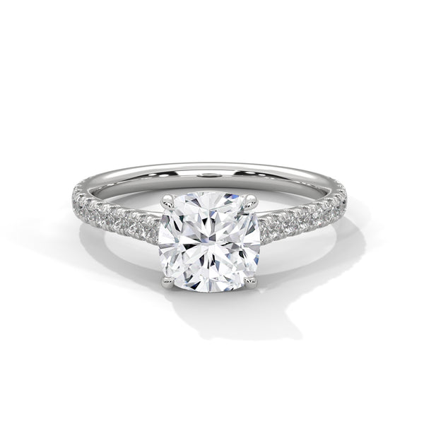 14K White Gold 2.0 CT Cushion Lab Grown Diamond Solitaire Pave Engagement Ring