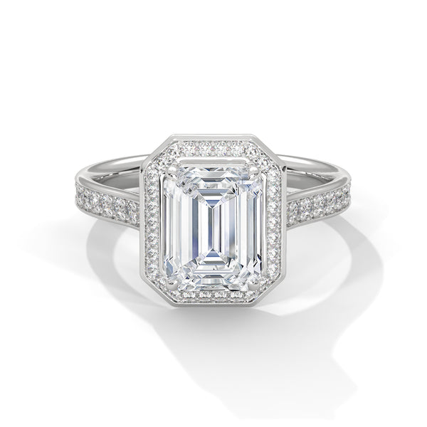 14K White Gold 2.0 CT Emerald Lab Grown Diamond Halo Pave Engagement Ring
