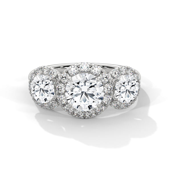 14K White Gold 1.0 CT Round Lab Grown Diamond Three Stone Halo Engagement Ring