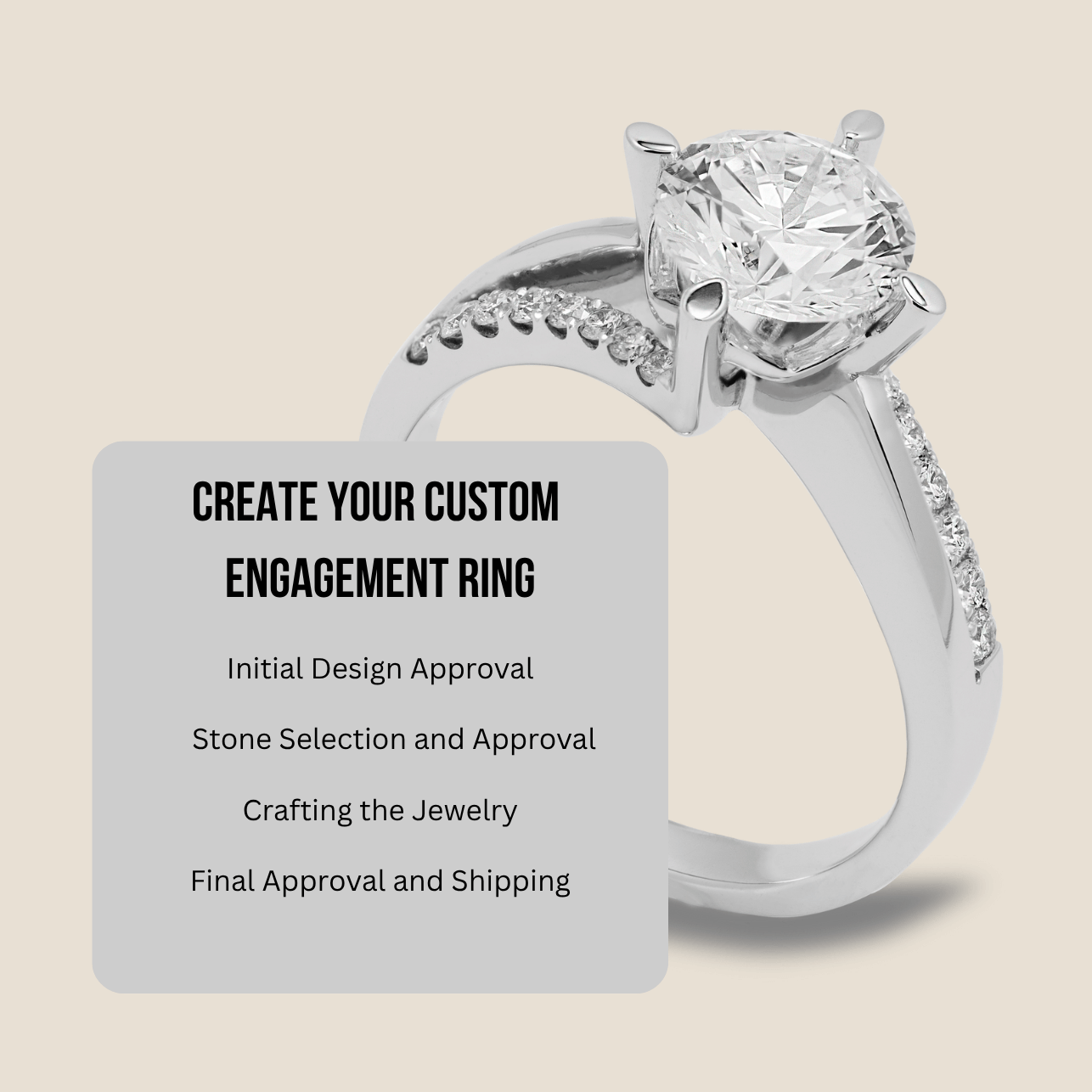 Custom diamond engagement ring with round solitaire and pave band