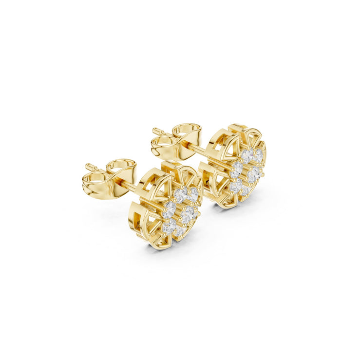 Round Diamond Floral Cluster Stud Earrings yellow gold video