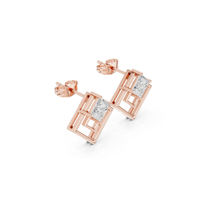 Princess Cut Diamond Geometric Drop Earrings rose gold video