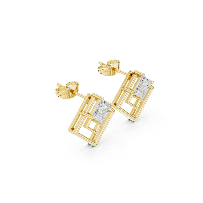 Princess Cut Diamond Geometric Drop Earrings yellow gold video