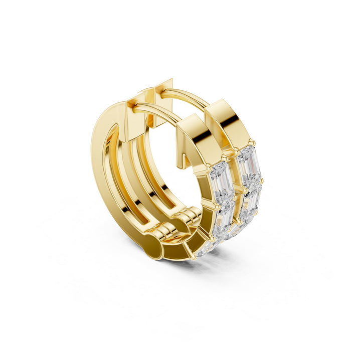 Emerald Cut Diamond Huggie Hoop Earrings yellow gold video